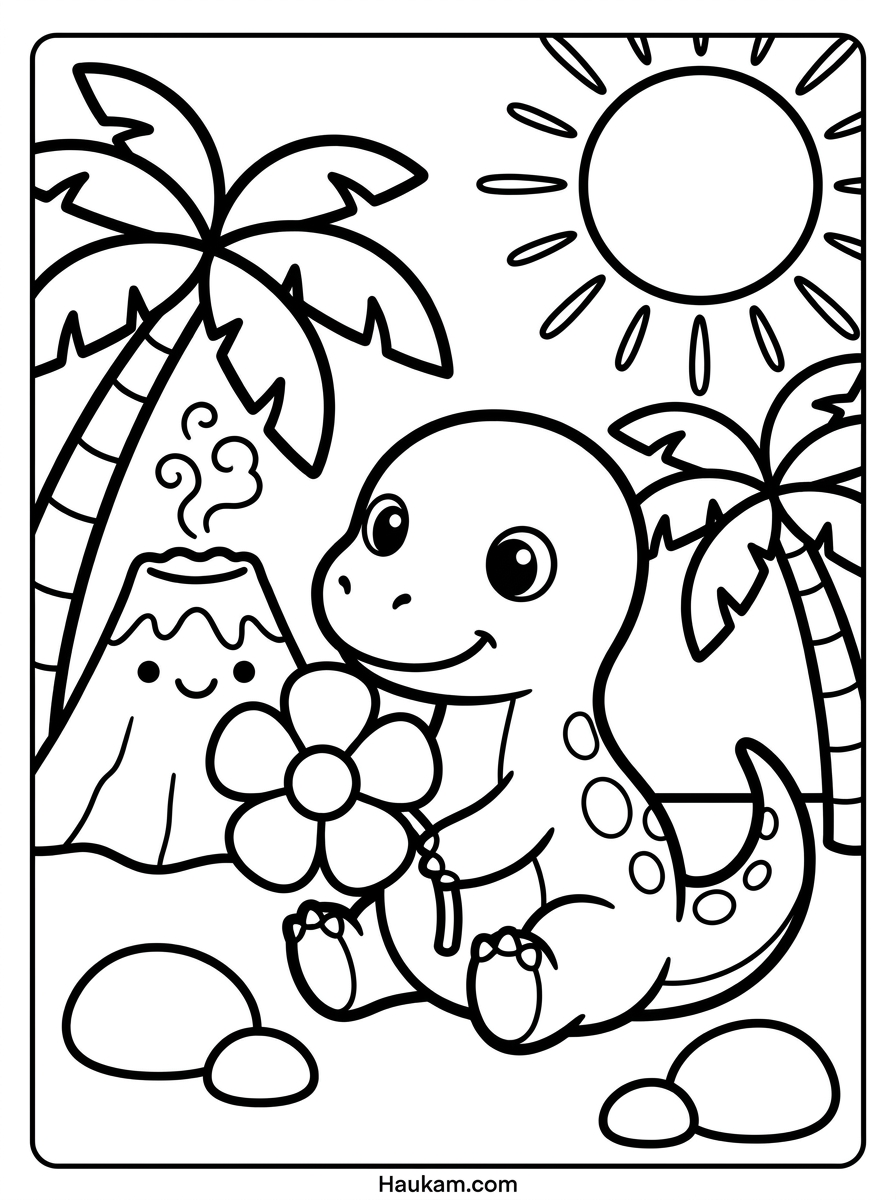 Vulkane Ausmalbilder kostenlos: 5 Malvorlagen für Kinder 3 Vulkane Ausmalbilder: Chibi-Vulkan Vulli und kleines Dino-Baby mit Blume, Palmen und Sonne, schwarz-weiß