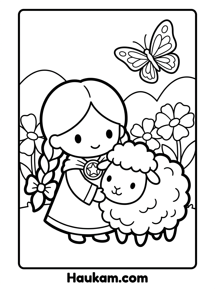 Wikinger Ausmalbilder kostenlos: 5 Motive zum Ausdrucken 3 Wikinger Ausmalbilder Ausmalbild Wikingermädchen Freya mit Zöpfen, Brosche und flauschigem Schaf Wolke zwischen Blumen, Schwarz-Weiß-Umriss