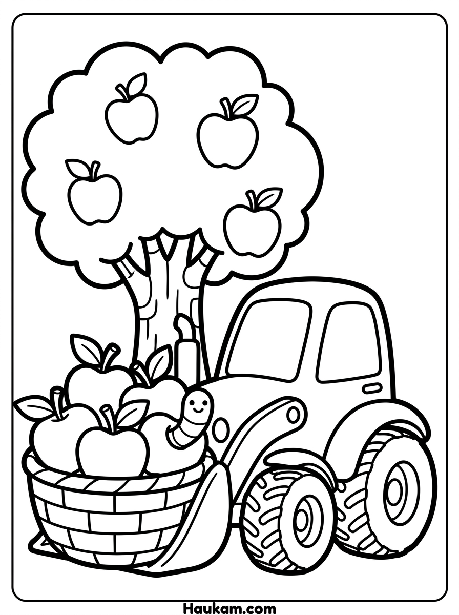 Traktoren Ausmalbilder für Kinder: 5 Motive zum Ausdrucken 4 Traktoren Ausmalbilder mit Frontlader und Korb voller Äpfel neben einem Apfelbaum, mit kleinem Wurm im Apfel