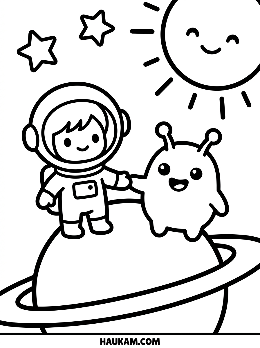 Astronaut Ausmalbilder für Kinder: 5 Motive zum Ausdrucken 4 Astronaut Ausmalbilder: Astronaut gibt einem freundlichen Außerirdischen die Hand, auf einem Ringplaneten mit lachender Sonne