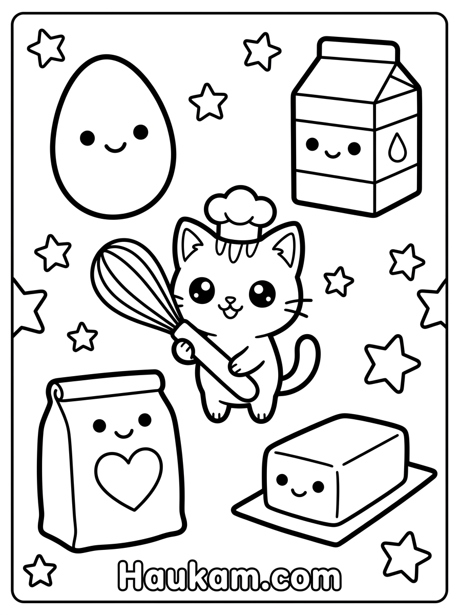 Kuchen backen Ausmalbilder: 5 süße Motive für Kinder 4 Ausmalbild Kätzchen mit Schneebesen und Zutaten Ei, Milch, Mehl und Butter, Chibi-Stil für Kinder