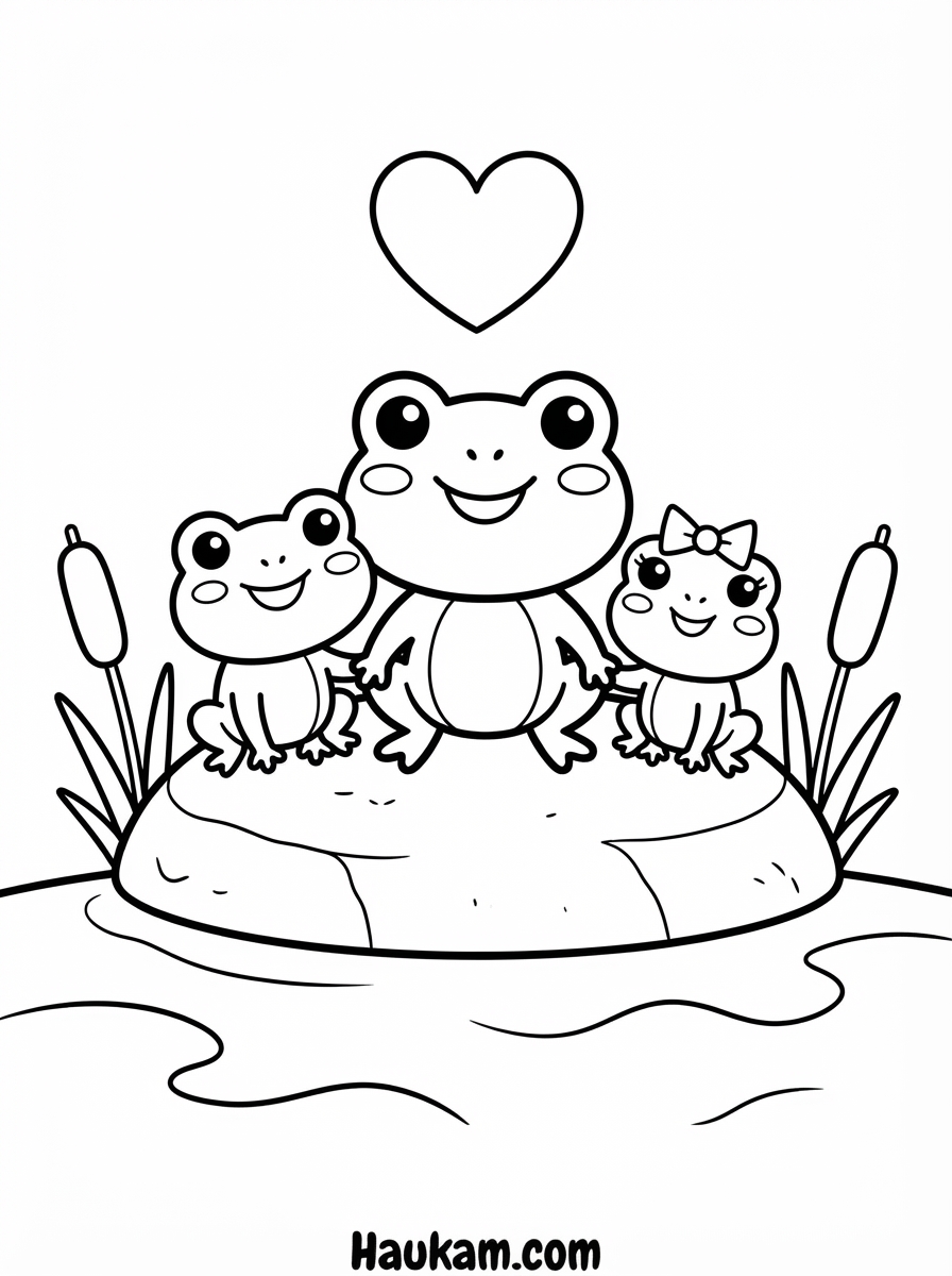 Frösche Ausmalbilder zum Ausdrucken – 5 süße Kindermotive 4 Ausmalbild Froschfamilie: Drei lächelnde Chibi-Frösche in verschiedenen Größen halten sich an den Händen auf einem Stein am Teich, darüber ein großes Herz, Umrisszeichnung für Kinder