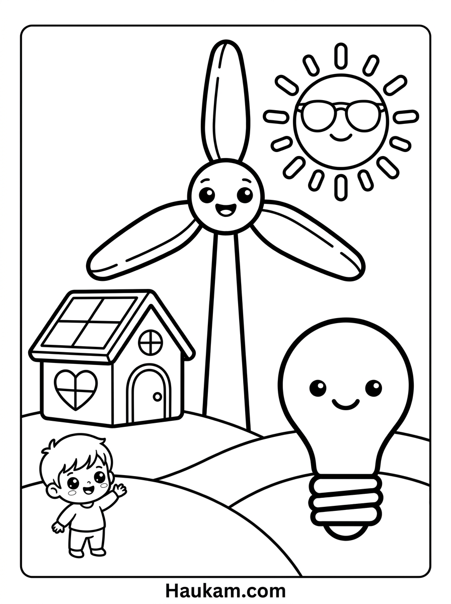 Umwelt Ausmalbilder kostenlos: Fünf Motive zum Ausdrucken 4 Umwelt Ausmalbilder: Windrad mit Gesicht, Haus mit Solardach und lächelnde Glühbirne