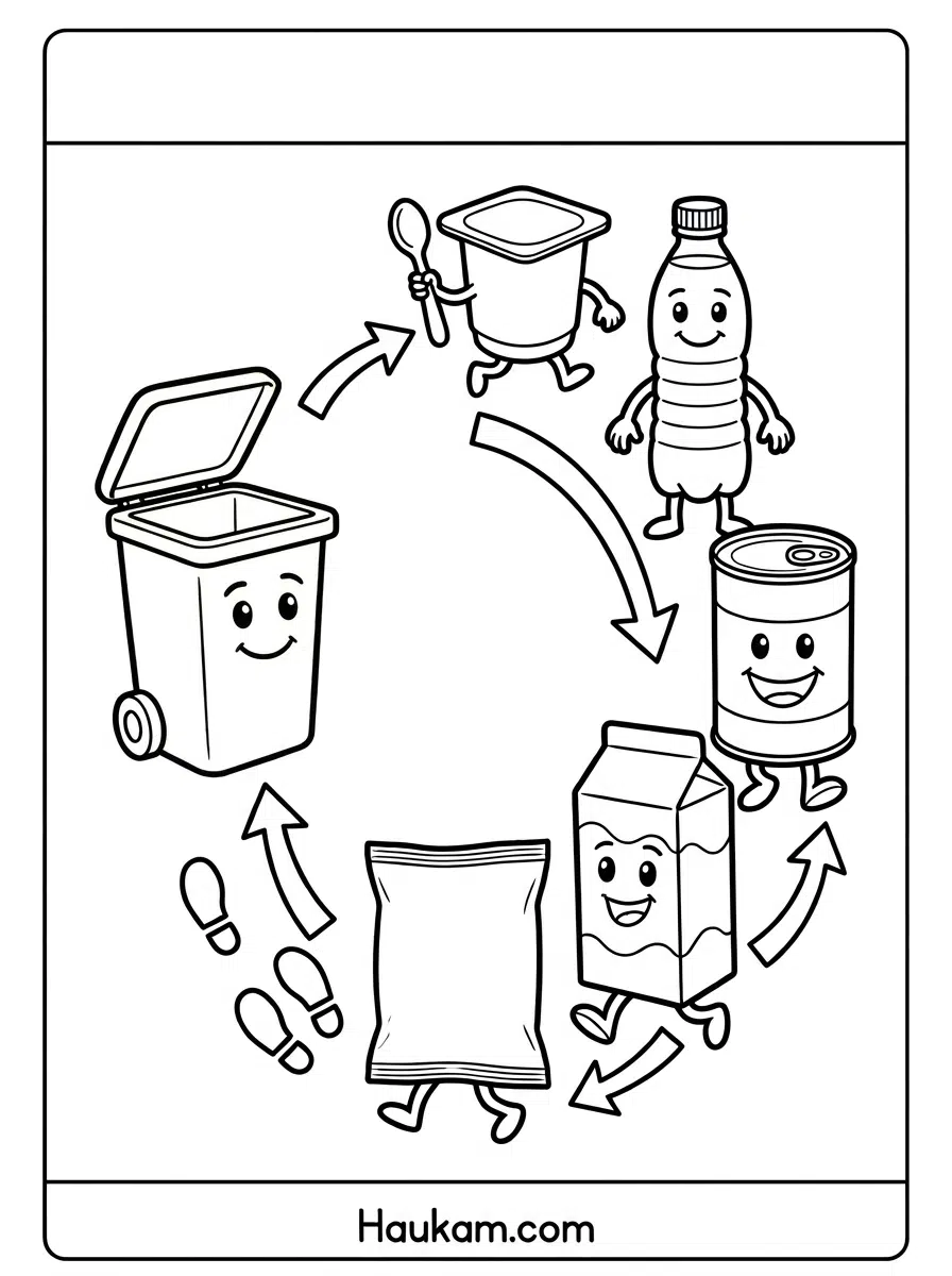 Müll trennen Ausmalbilder kostenlos – 5 Seiten für Kinder 14 Müll trennen Ausmalbilder: Joghurtbecher, Plastikflasche, Dose und Milchtüte marschieren zur Tonne, Malvorlage für Kinder