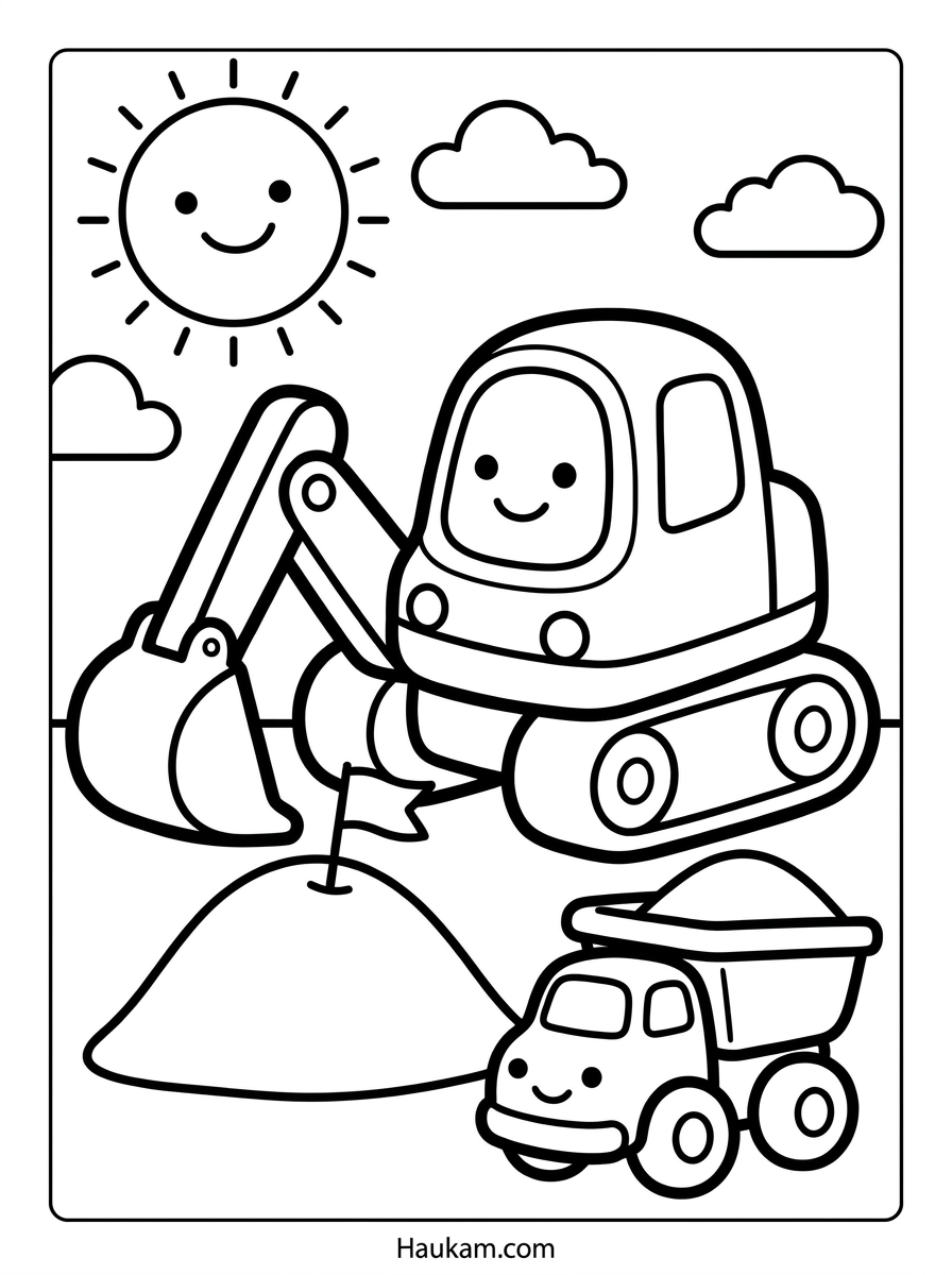 Sandkasten Ausmalbilder für Kinder: 5 Motive zum Ausdrucken 4 Sandkasten Ausmalbilder: Lächelnder Bagger mit Kipplaster und Sandhügel als Umrisszeichnung für Kinder