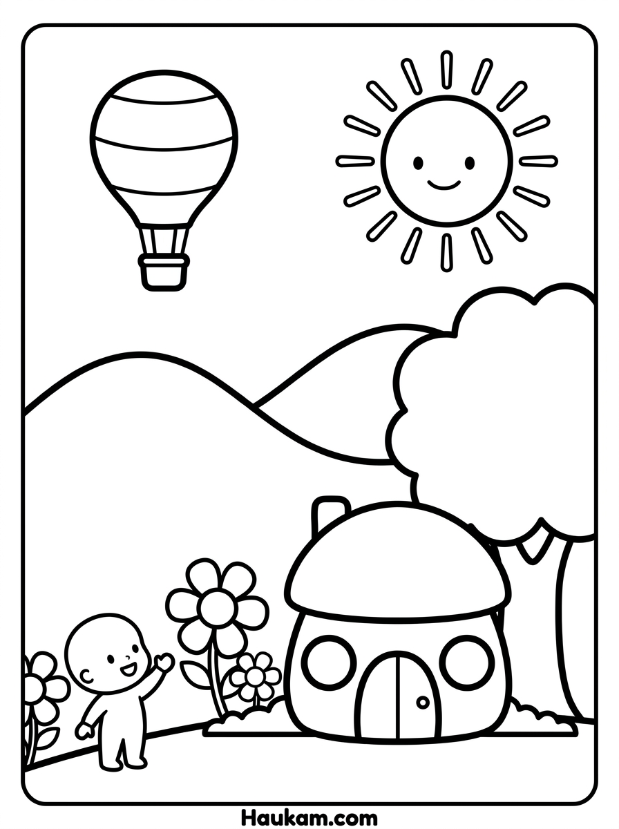 Heißluftballon Ausmalbilder: 5 süße Motive für Kinder 4 Heißluftballon Ausmalbilder Malvorlage Heißluftballon über einer Wiese mit Häuschen, Baum, Blumen und einem winkenden Kind zum Ausmalen