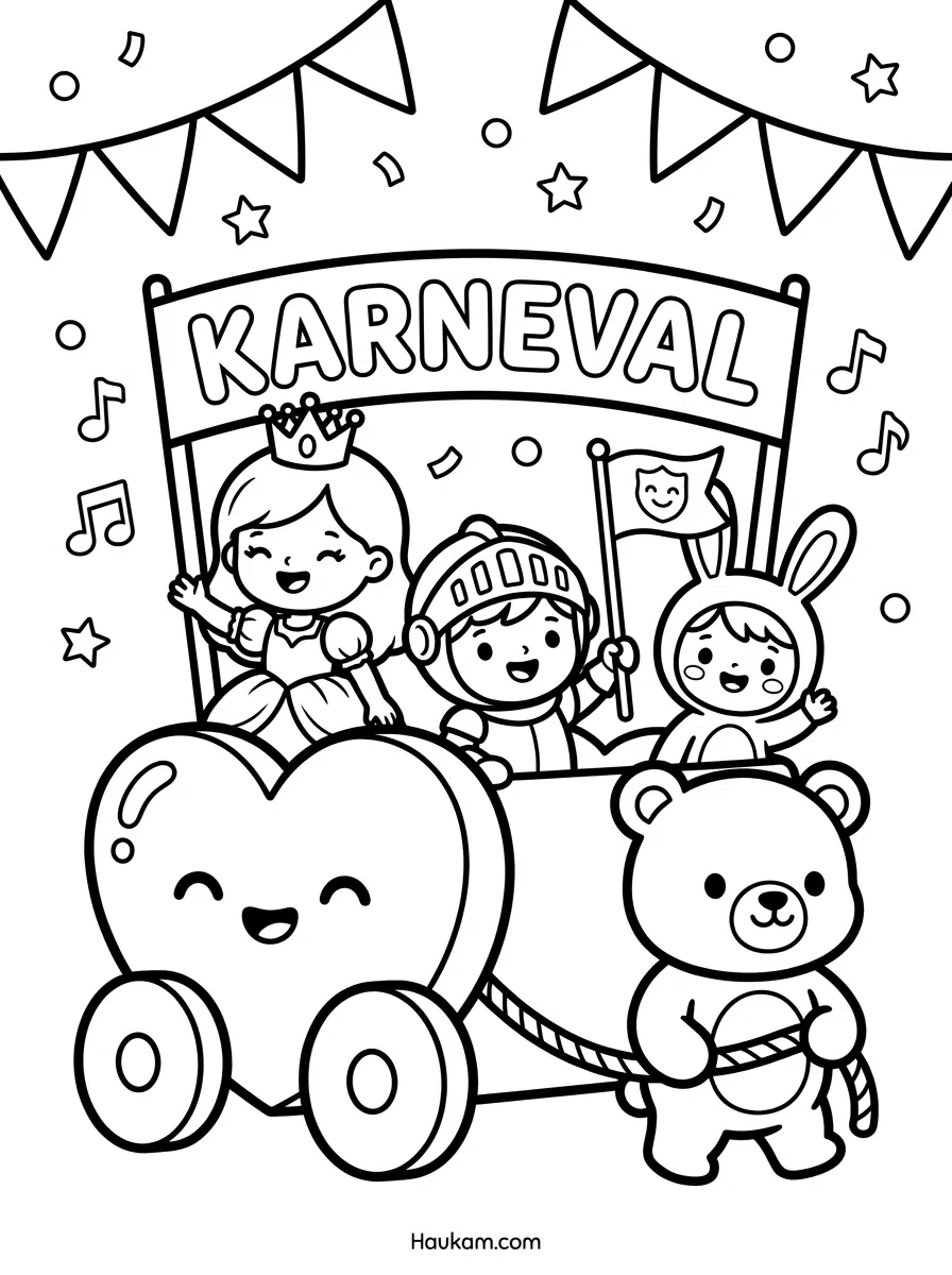 Karneval Ausmalbilder kostenlos: 5 Malvorlagen für Kinder 4 Karneval Ausmalbilder: Karnevalsumzug Malvorlage: Festwagen mit Prinzessin, Ritter und Hase, gezogen von einem Bärenkind