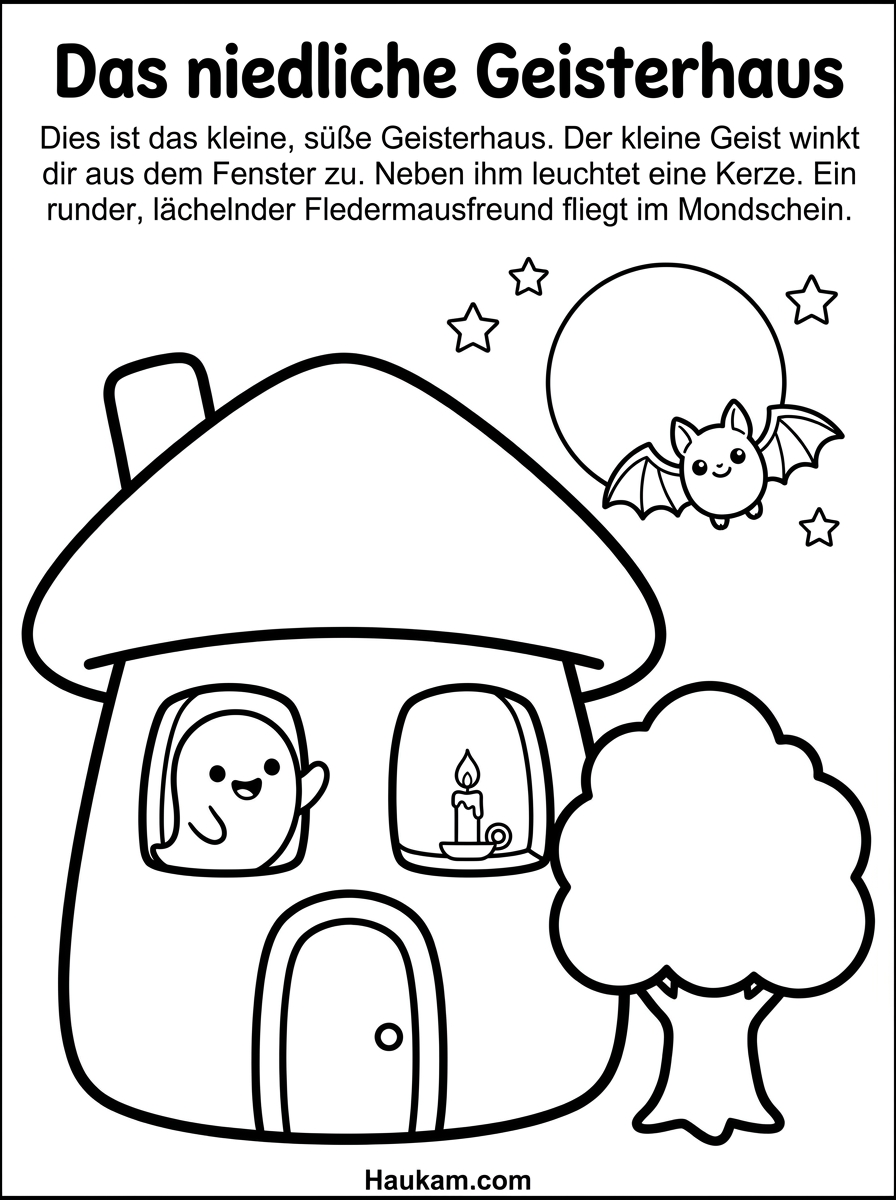 Geister Ausmalbilder für Kinder: 5 Vorlagen zum Ausdrucken 4 Ausmalbild eines Häuschens, aus dessen Fenster ein freundlicher Geist winkt, mit Baum, Vollmond und Fledermaus