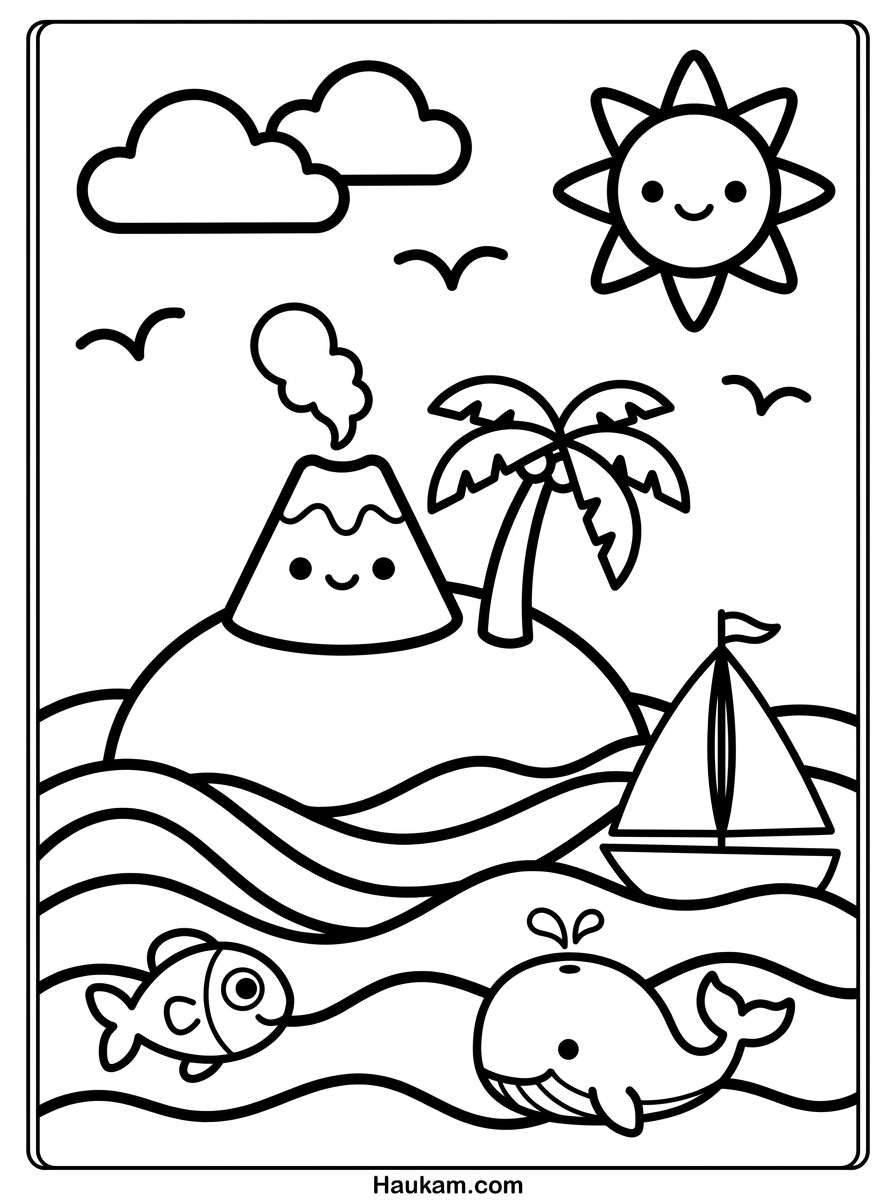 Vulkane Ausmalbilder kostenlos: 5 Malvorlagen für Kinder 4 Vulkane Ausmalbilder: kleine Vulkan-Insel mit Palme, Fisch, Wal und Segelboot im Meer, schwarz-weiß