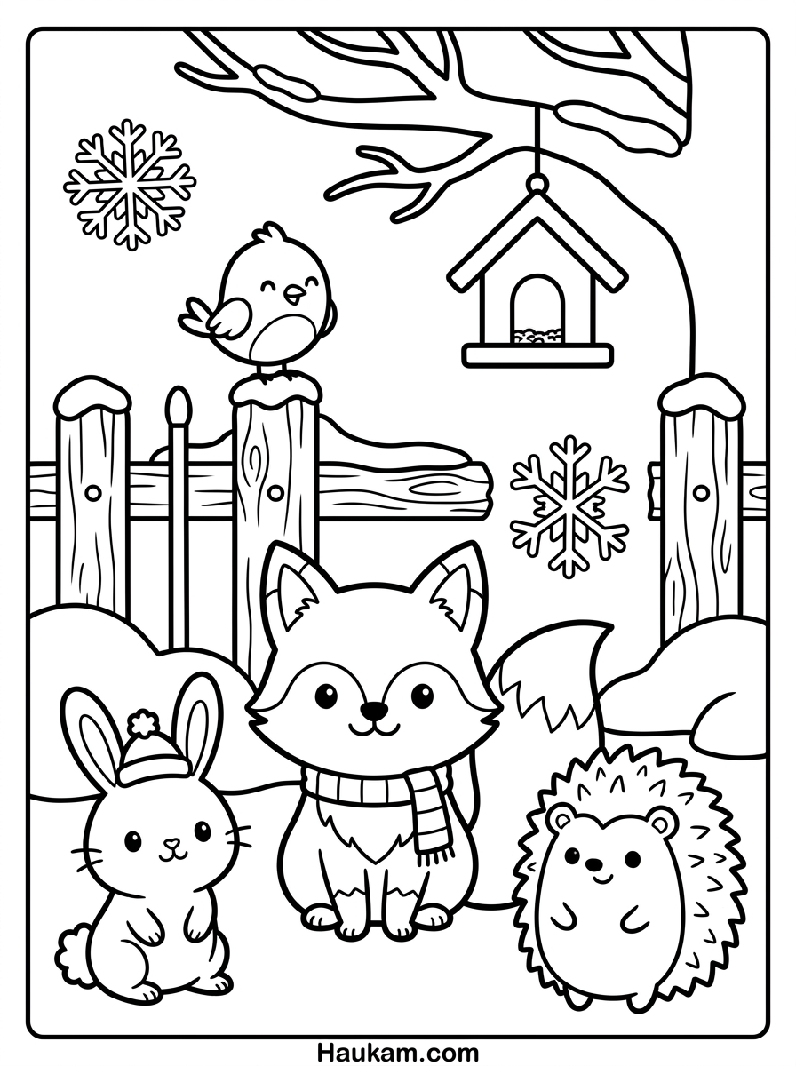 Dorf im Winter Ausmalbilder: 5 kostenlose Vorlagen 4 Dorf im Winter Ausmalbilder mit Fuchs, Hase, Igel und Vogel am verschneiten Gartenzaun mit Futterhaus