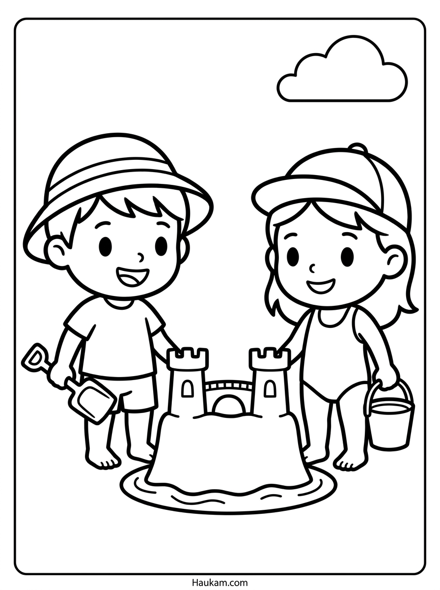 Sandburg Ausmalbilder: 5 süße Malvorlagen zum Ausdrucken 4 Sandburg Ausmalbilder: zwei Kinder bauen gemeinsam eine Sandburg mit Brücke und Wassergraben