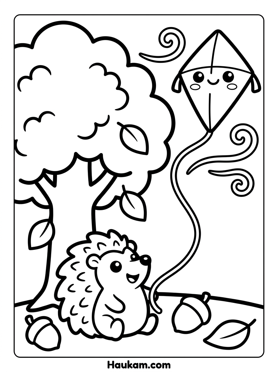 Kite Ausmalbilder für Kinder: 5 Drachen zum Ausdrucken 9 Kite Ausmalbilder: Lächelnder Drachen neben Herbstbaum mit fallenden Blättern, Windlinien und kleinem Igel