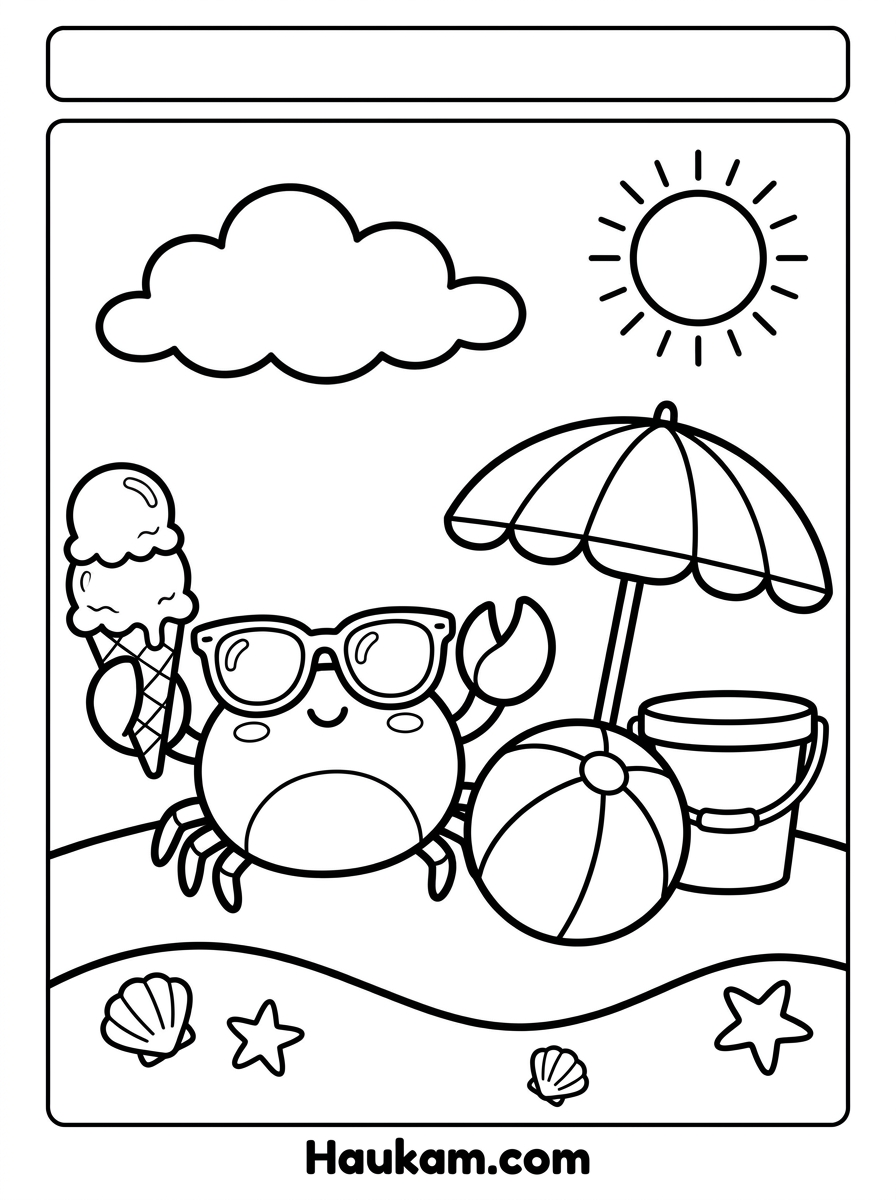Krabbe Ausmalbilder: 5 süße Motive zum Ausdrucken 4 Krabbe Ausmalbilder am Strand mit Sonnenbrille, Eis, Wasserball, Eimer und Sonnenschirm zum Ausmalen