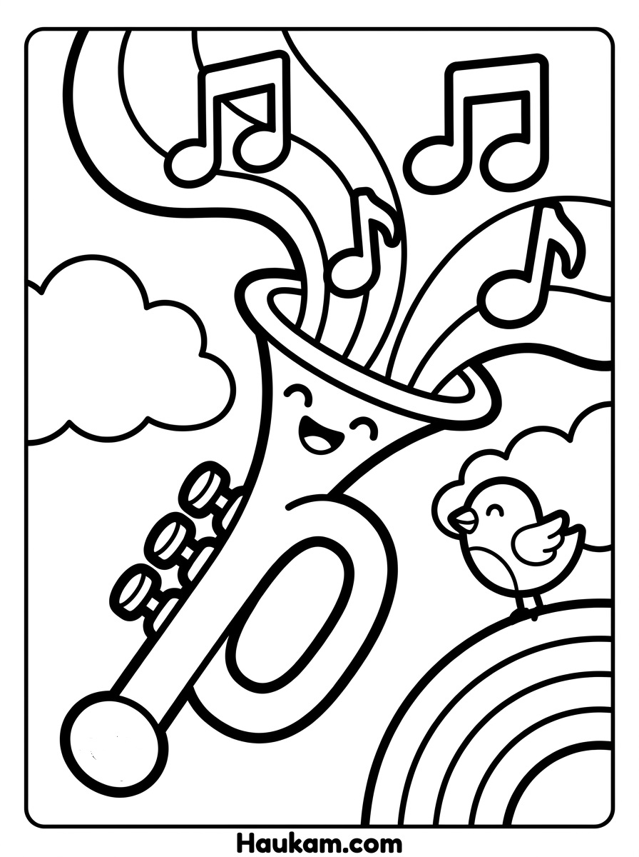Musikinstrumente Ausmalbilder: Gitarre, Klavier & Co. malen 4 Musikinstrumente Ausmalbilder Trompete für Kinder: fröhliche Chibi-Trompete mit Noten, Vogel, Wolken und Regenbogen