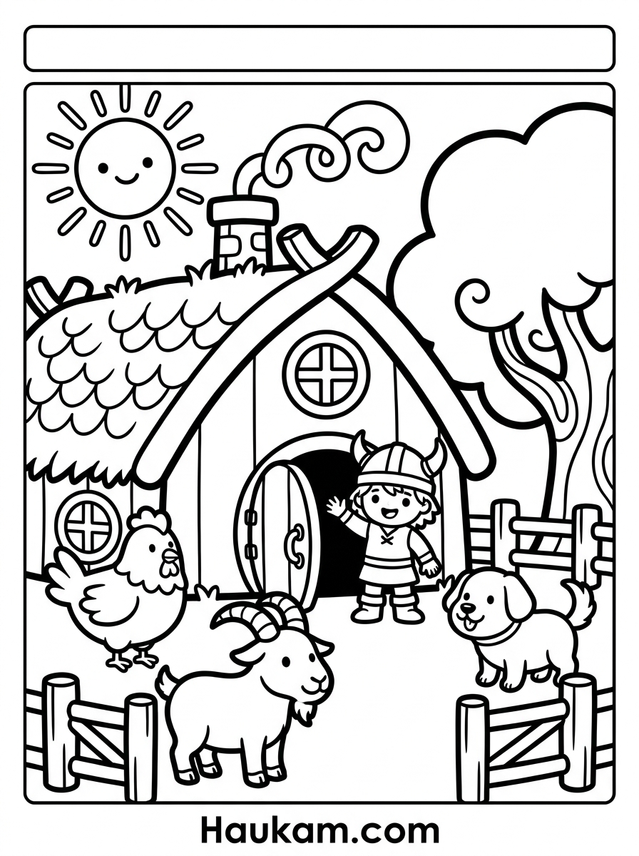 Wikinger Ausmalbilder kostenlos: 5 Motive zum Ausdrucken 4 Ausmalbild Wikingerdorf: Langhaus mit Grasdach, Huhn, Ziege, Hund, winkendem Kind und Baum als Umrisszeichnung