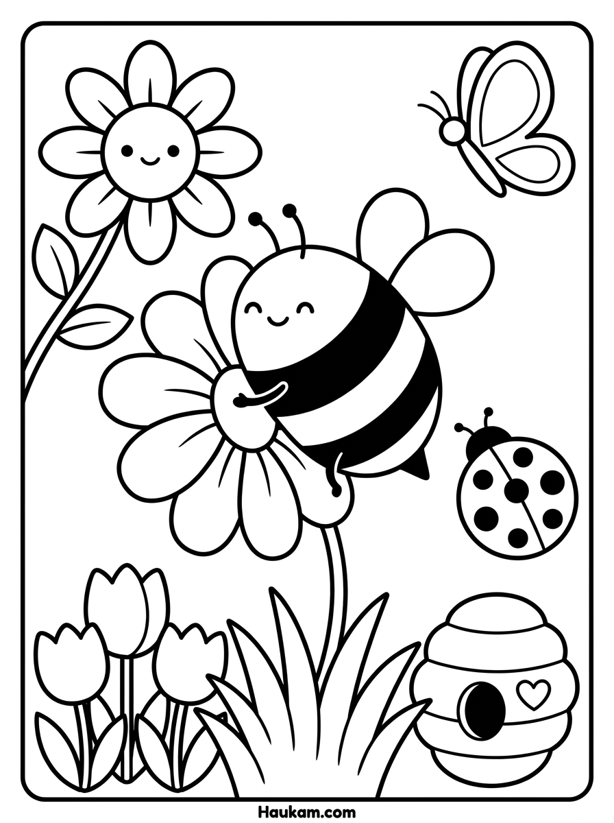 Umwelt Ausmalbilder kostenlos: Fünf Motive zum Ausdrucken 5 Umwelt Ausmalbilder: runde Biene umarmt eine Blume, dazu Sonnenblume, Marienkäfer und Schmetterling