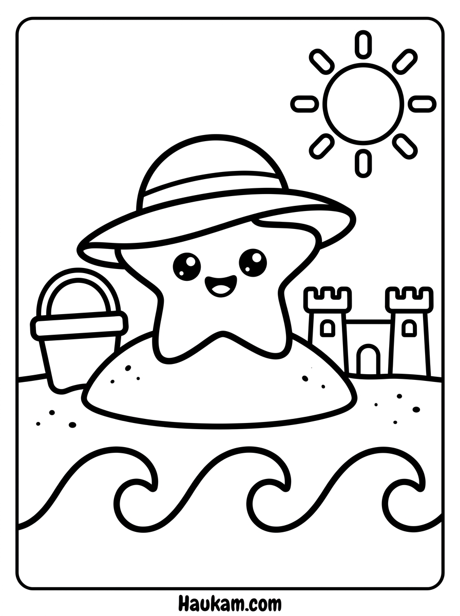 Seestern Ausmalbilder: Süße Vorlagen für Kita & Grundschule 10 Seestern Ausmalbilder am Strand mit Sonnenhut, Sandburg, Eimer, Sonne und Welle für Kinder