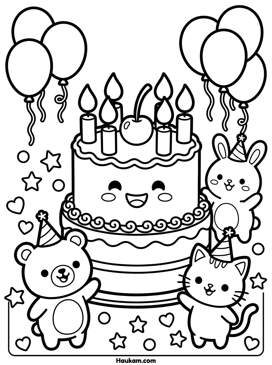 Kuchen backen Ausmalbilder: 5 süße Motive für Kinder 5 Ausmalbild Geburtstagstorte mit Bär, Hase und Kätzchen, Luftballons und Konfetti, Kindergeburtstag