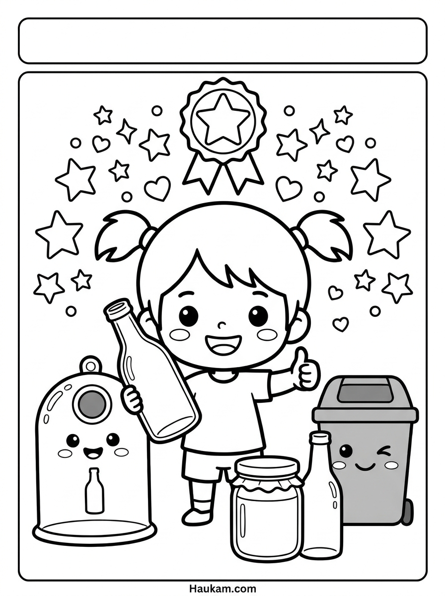 Müll trennen Ausmalbilder kostenlos – 5 Seiten für Kinder 5 Müll trennen Ausmalbilder: Kind mit Glasflasche, Glascontainer und graue Tonne, Daumen hoch, Schwarz-Weiß-Malvorlage