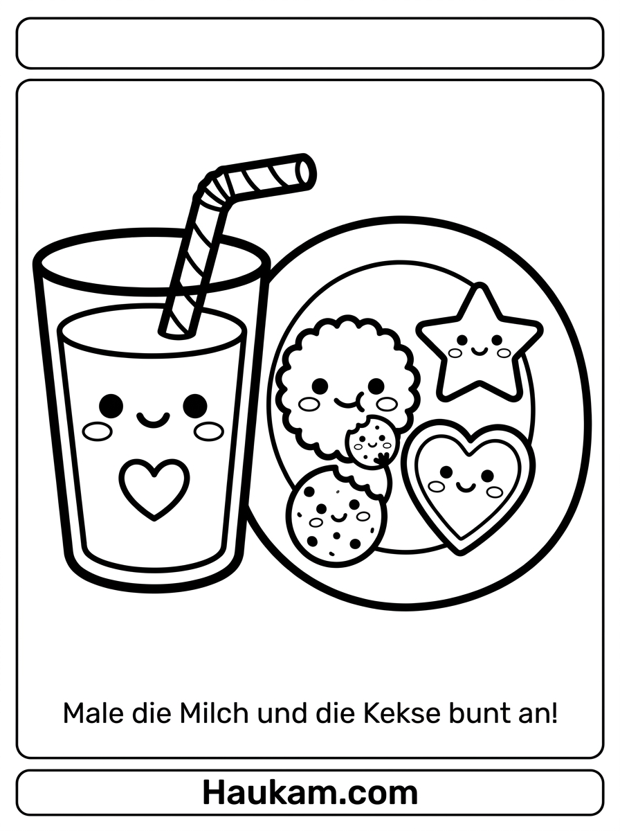 Kekse Ausmalbilder für Kinder: 5 Vorlagen zum Ausdrucken 5 Ausmalbild Milchglas mit Gesicht und Teller mit drei lachenden Keksen in Rund-, Stern- und Herzform