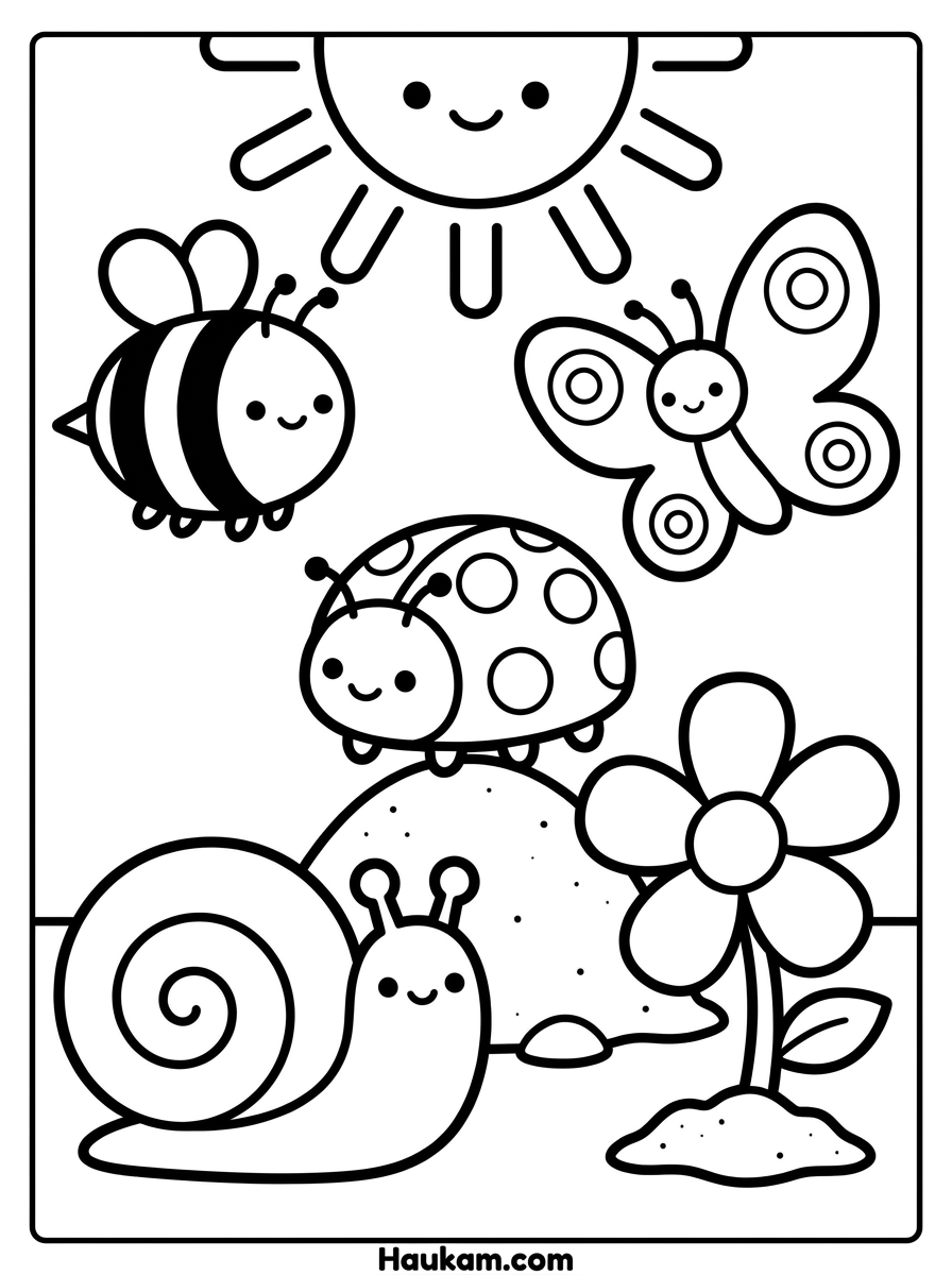 Sandkasten Ausmalbilder für Kinder: 5 Motive zum Ausdrucken 5 Sandkasten Ausmalbilder mit Schnecke, Marienkäfer, Schmetterling, Biene und Blume um einen Sandhügel, Umrisse für Kinder