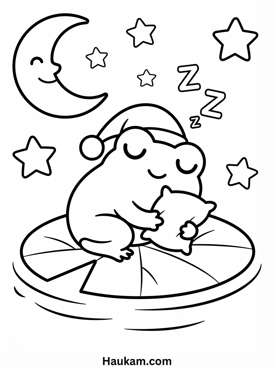 Frösche Ausmalbilder zum Ausdrucken – 5 süße Kindermotive 5 Frösche Ausmalbilder zur Schlafenszeit: Chibi-Frosch mit Schlafmütze und Kissen schläft auf einem Seerosenblatt, darüber Halbmond mit Gesicht und fünf Sterne, Schwarz-Weiß für Kinder