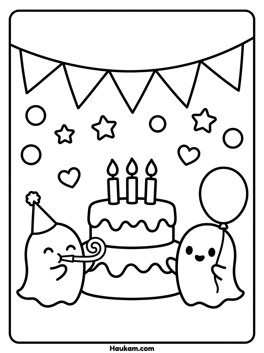Geister Ausmalbilder für Kinder: 5 Vorlagen zum Ausdrucken 5 Ausmalbild einer Geister-Party mit Partyhut, Luftballon, Kuchen mit Kerzen und Wimpelkette in dicken Konturen