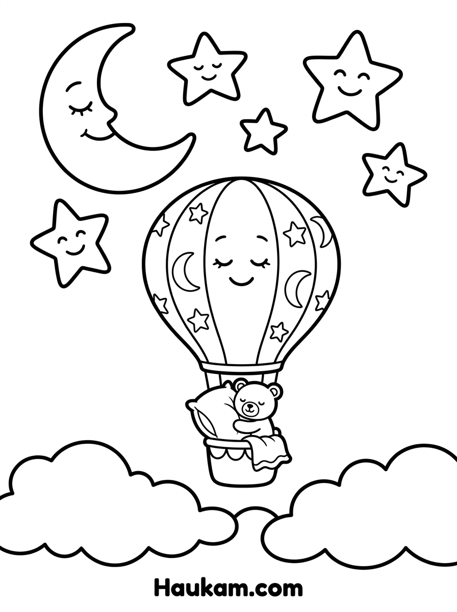 Heißluftballon Ausmalbilder: 5 süße Motive für Kinder 5 Heißluftballon Ausmalbilder Gute-Nacht-Ballon mit Mond, Sternen und Teddy mit Kissen im Korb, ruhiges Motiv für Kinder
