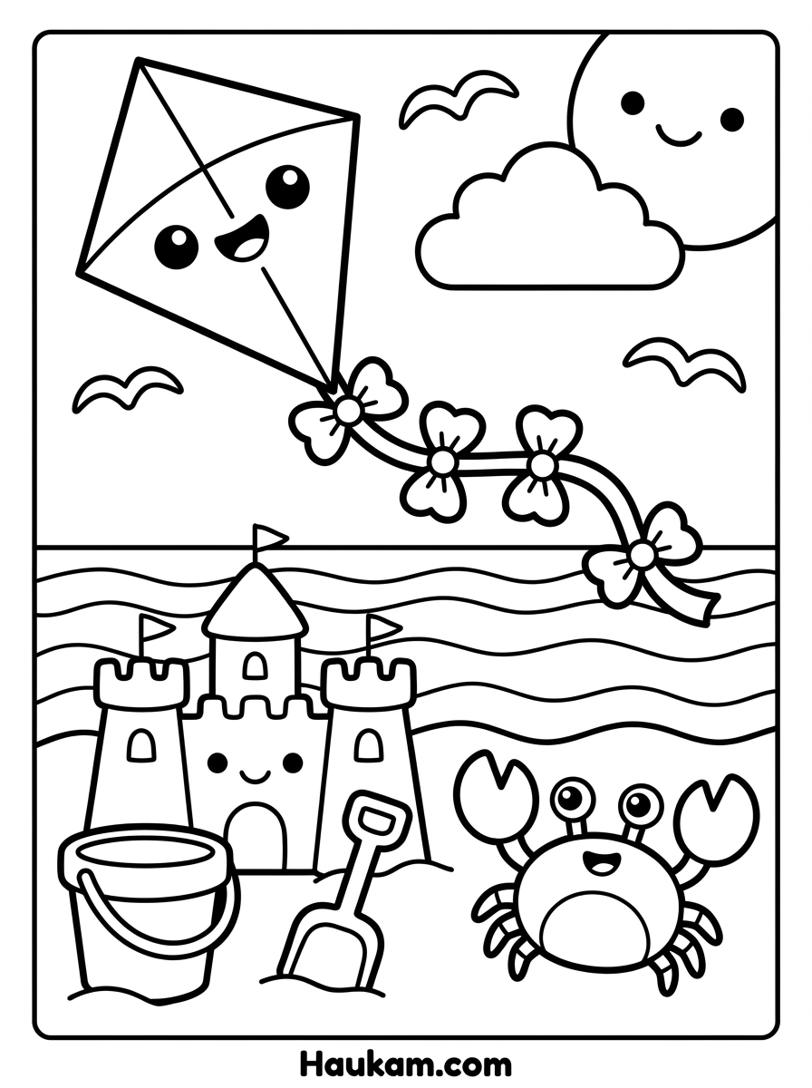 Kite Ausmalbilder für Kinder: 5 Drachen zum Ausdrucken 10 Kite Ausmalbilder: Drachen über dem Strand mit Sandburg, Eimer, winkender Krabbe, Möwen und Meereswellen