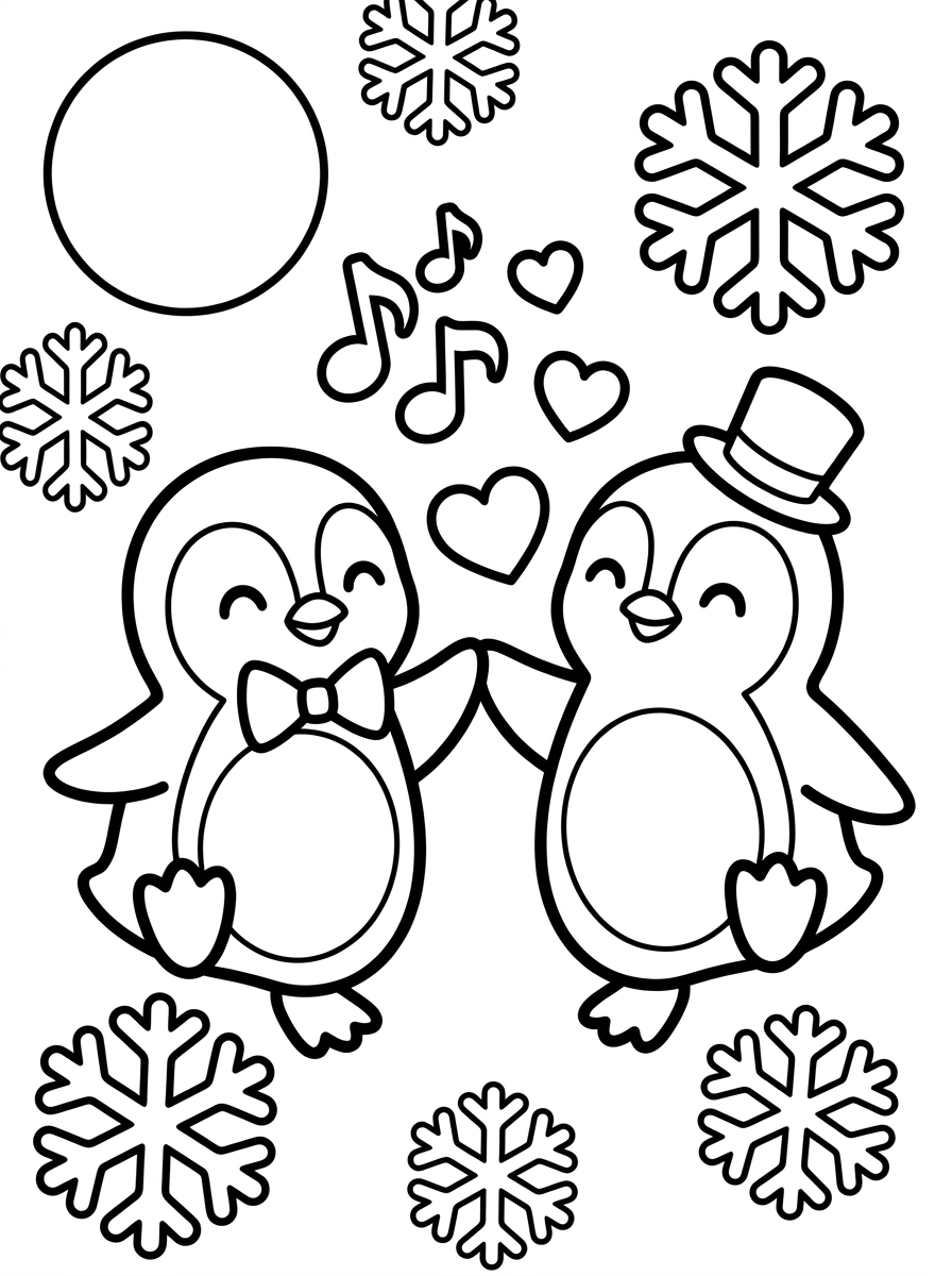 Tanzen Ausmalbilder für Kinder: 5 Motive zum Ausdrucken 10 Ausmalbild Walzer: zwei tanzende Pinguine, einer mit Fliege, einer mit Zylinder, zwischen Schneeflocken und Mond