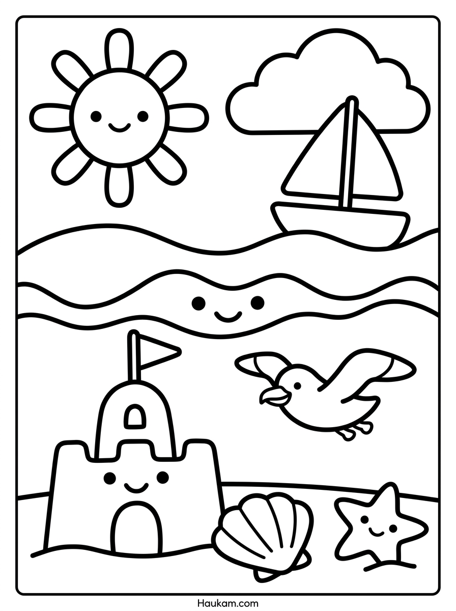 Sandburg Ausmalbilder: 5 süße Malvorlagen zum Ausdrucken 5 Strand Sandburg Ausmalbilder mit Sandburg, Sonne, Segelboot, Möwe und Wellen für kleine Kinder