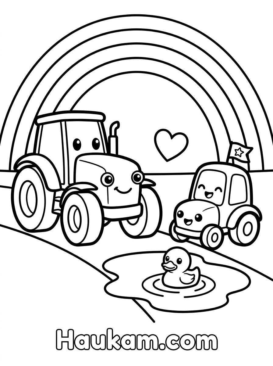 Traktoren Ausmalbilder für Kinder: 5 Motive zum Ausdrucken 5 Traktoren Ausmalbilder mit großem und kleinem Traktor, schwebendem Herz, Ente in der Pfütze und Regenbogen, schwarz-weiß
