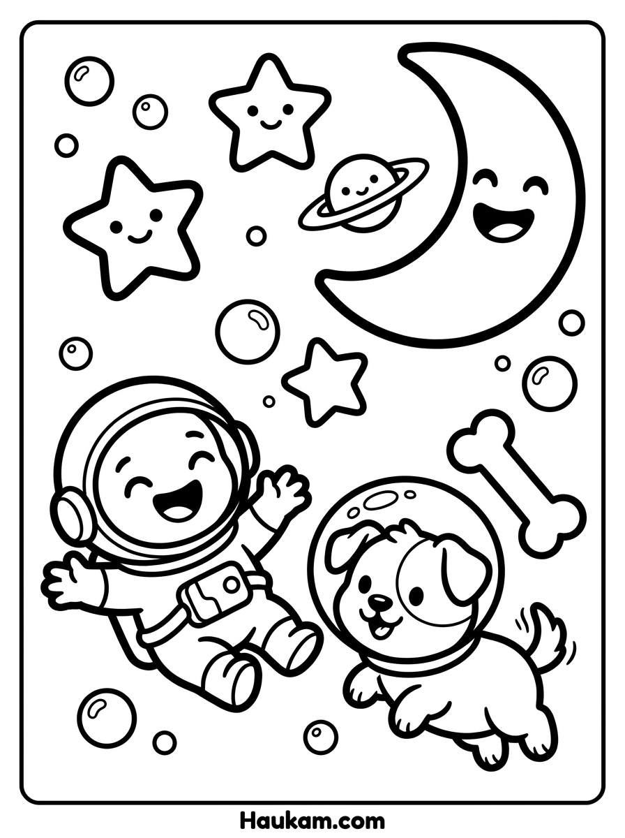 Astronaut Ausmalbilder für Kinder: 5 Motive zum Ausdrucken 5 Astronaut Ausmalbilder: Astronaut und Welpe mit Raumhelm schweben schwerelos zwischen Sternen, Mond und einem Knochen