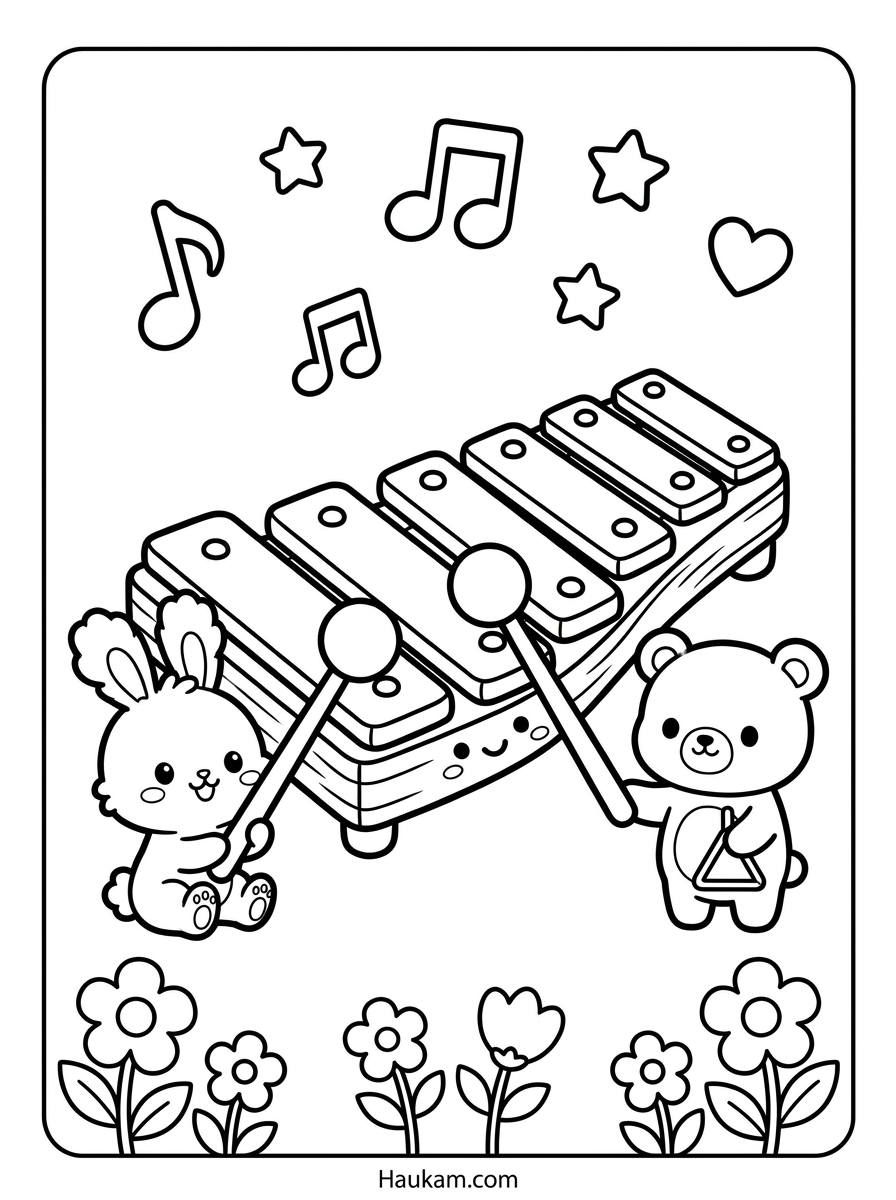 Musikinstrumente Ausmalbilder: Gitarre, Klavier & Co. malen 5 Musikinstrumente Ausmalbilder Xylophon für Kinder: Chibi-Xylophon mit sechs Klangstäben, Hase und Bär als Malvorlage