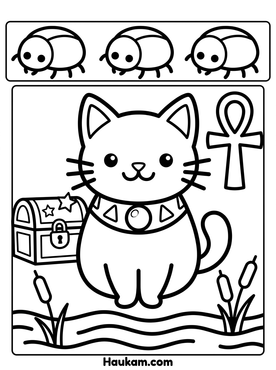 Pharaonen Ausmalbilder kostenlos: Seiten zum Ausdrucken 5 Pharaonen Ausmalbilder: Katze des Pharaos mit Halsband, Anch-Symbol, Schatztruhe und Skarabäen, Chibi-Stil, dicke Linien