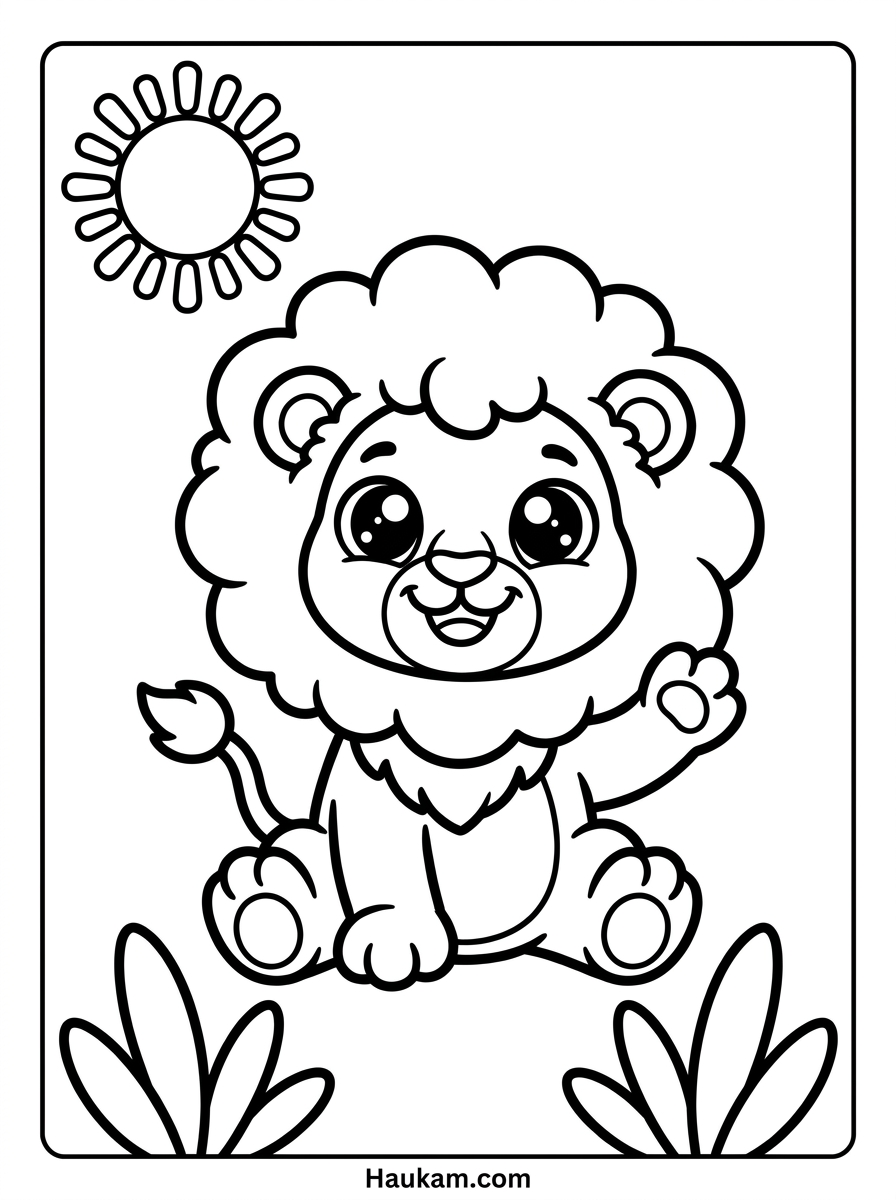 Ausmalbild für Kinder: fröhlicher Chibi-Löwe mit runder Mähne und Sonne im Hintergrund, Schwarz-Weiß-Vorlage zum Ausmalen