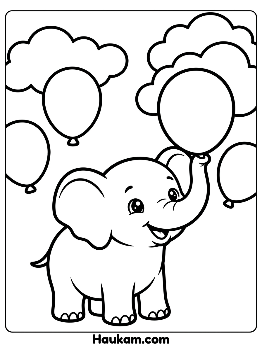 Ausmalbild für Kinder: verspielter Chibi-Elefant balanciert einen Ball auf dem Rüssel, Schwarz-Weiß-Malvorlage