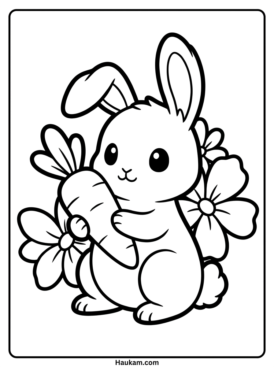 Ausmalbild für Kinder: niedlicher Chibi-Hase mit Karotte und Blumen, Schwarz-Weiß-Vorlage zum Ausmalen