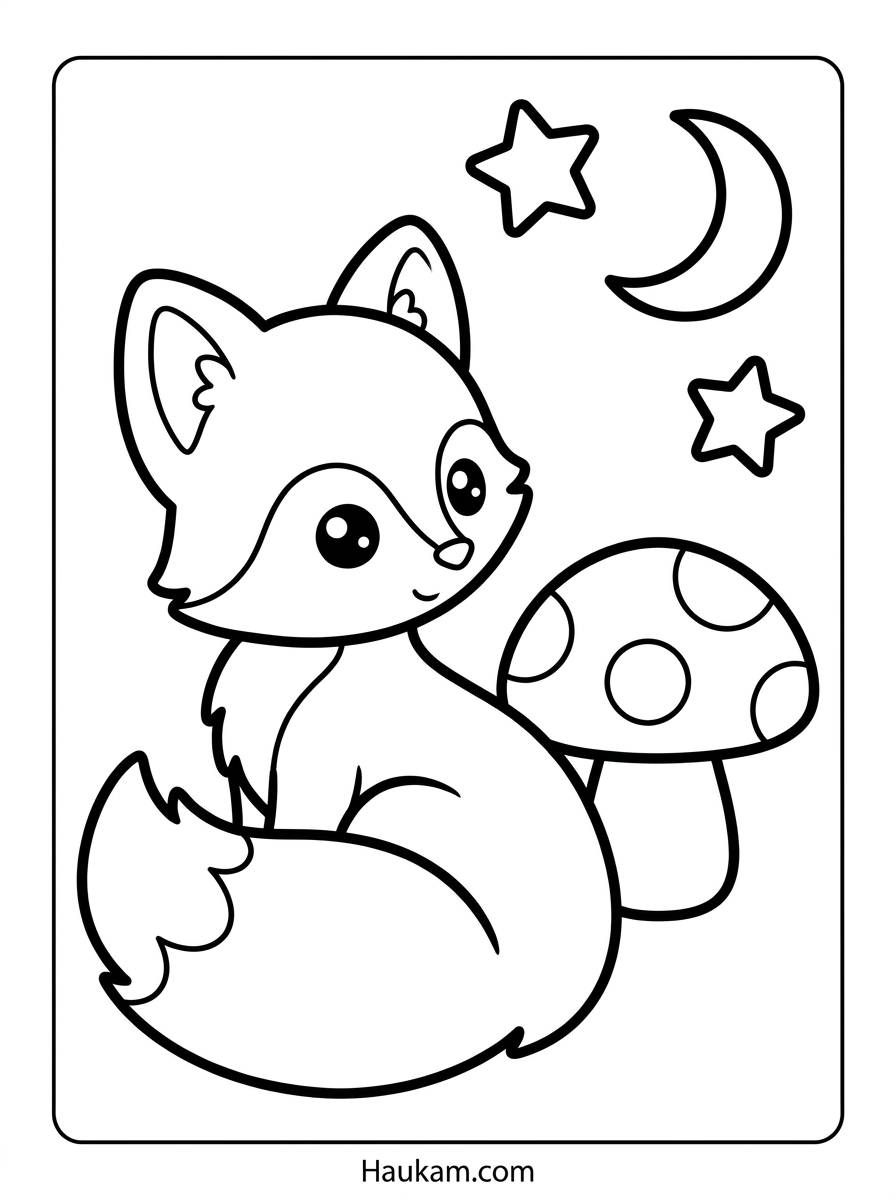 Ausmalbild für Kinder: neugieriger Chibi-Fuchs mit buschigem Schwanz und Pilz im Hintergrund, Schwarz-Weiß-Malvorlage
